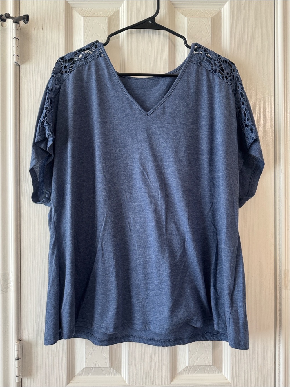Women's Navy V-Neck Tee with Crochet Shoulder Detail